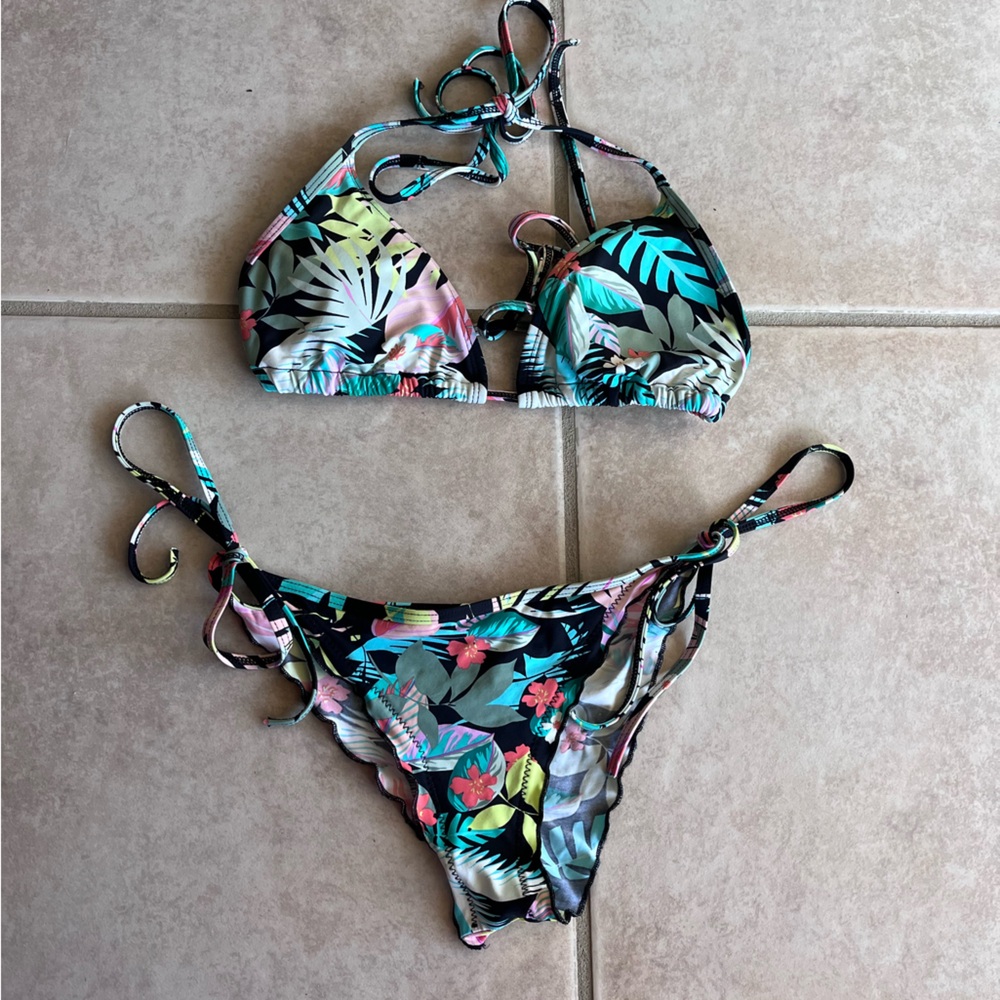 Tropical Leaf Tie-Side Bikini Set - Black with Teal & Pink